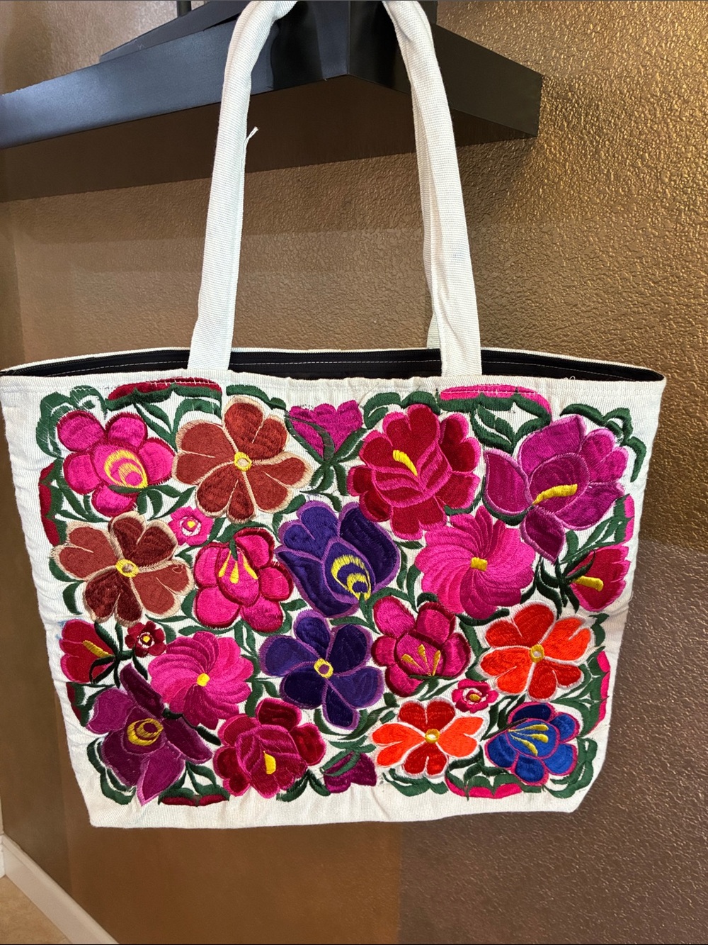 Embroidered Floral Canvas Tote Bag - White with Multi-Color Floral Design 🌺